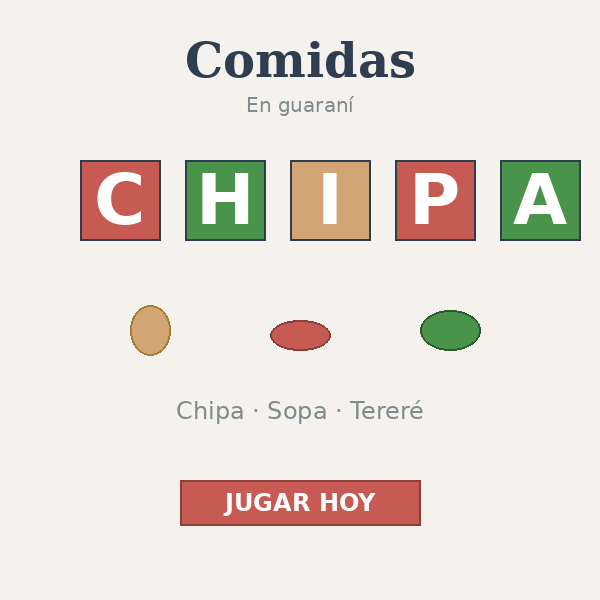 Miniatura del crucigrama tematico de comidas guarani: chipa, sopa y tereré