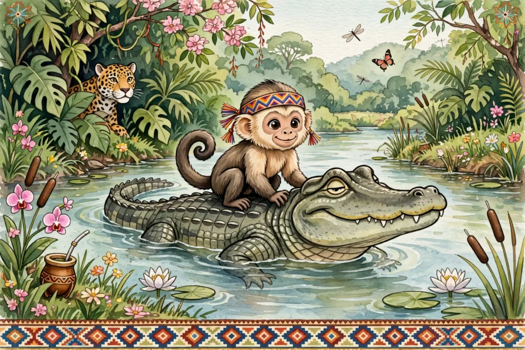 Ka'i el mono cruza el río sobre el jakare vanidoso - fábula paraguaya