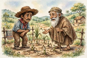 Campesino triste con ca&ntilde;a de az&uacute;car que no crece y anciano sabio le aconseja 